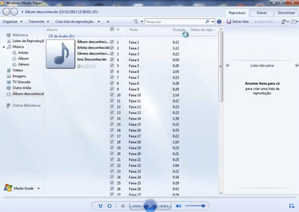 Windows Media Player mostrando um álbum desconhecido, com músicas chamadas "faixa desconhecida".
